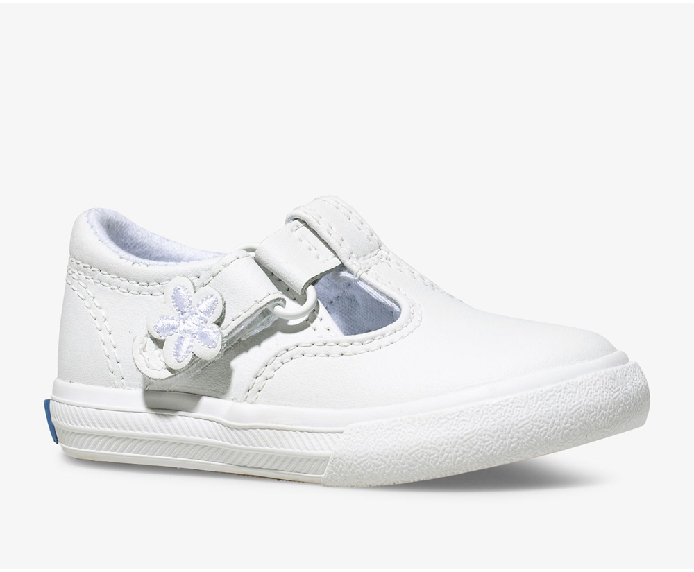 Kids Keds Slip Ons - Daphne T-Strap Leather - White - 6971-AXUKV